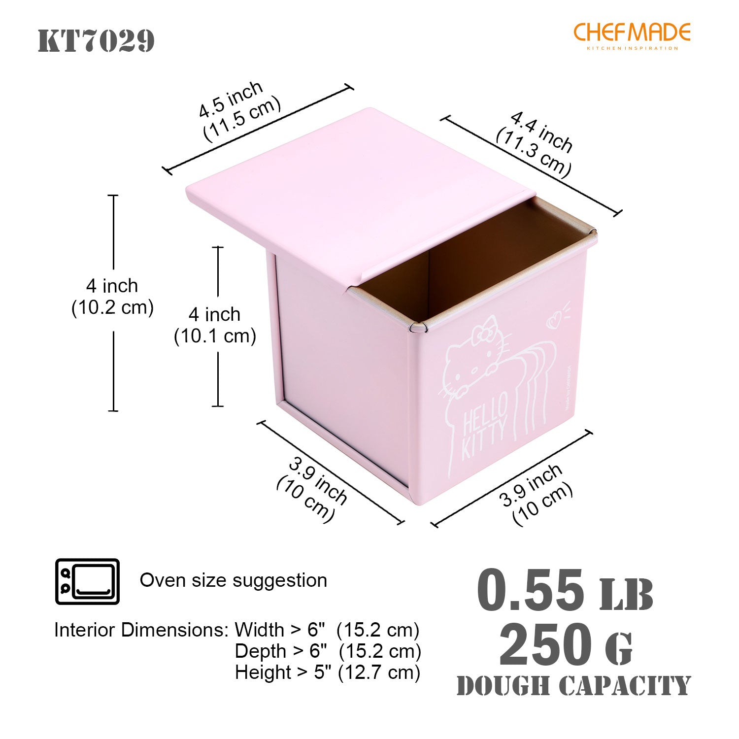 Chefmade學廚KT7029正版Hello kitty水立方滑蓋不粘吐司盒4.4" x 4.4" Hello Kitty Flat Toast Box (250G Dough Capacity)