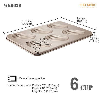 Chefmade學廚WK9029香檳金6連貝殼瑪德蓮蛋糕模Madeline Cake Pan Oval Shell 6 Well