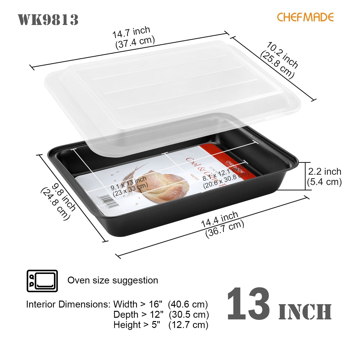 Chefmade學廚WK9813不沾13吋淺款長方烤盤配透明蓋13" Rectangular Baking Pan with Lid